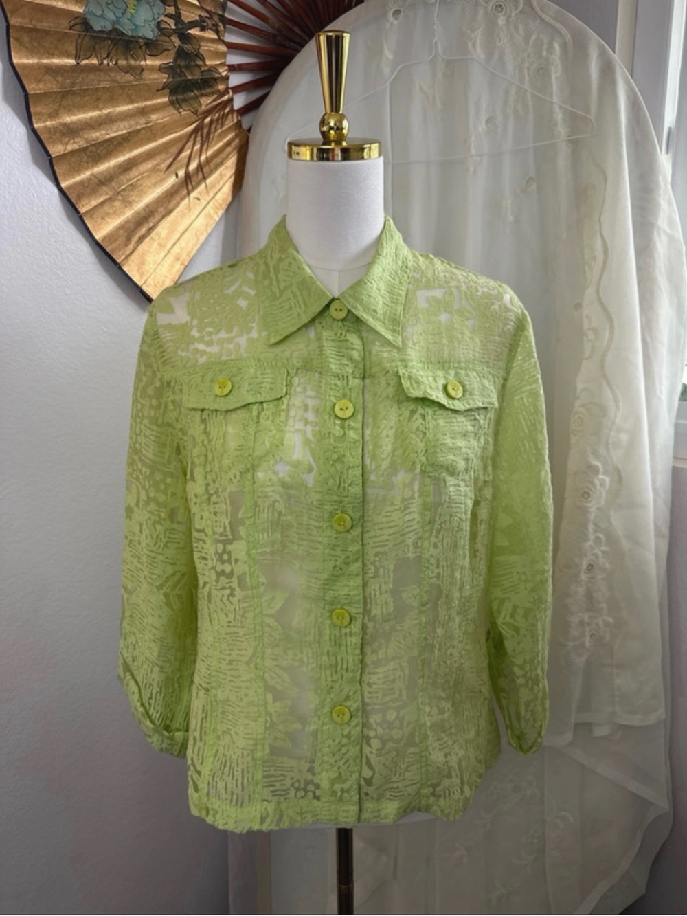 Lark Lane Chartreuse Lime Green Sheer Burnout Jacket Blouse Palm Tree Top 16